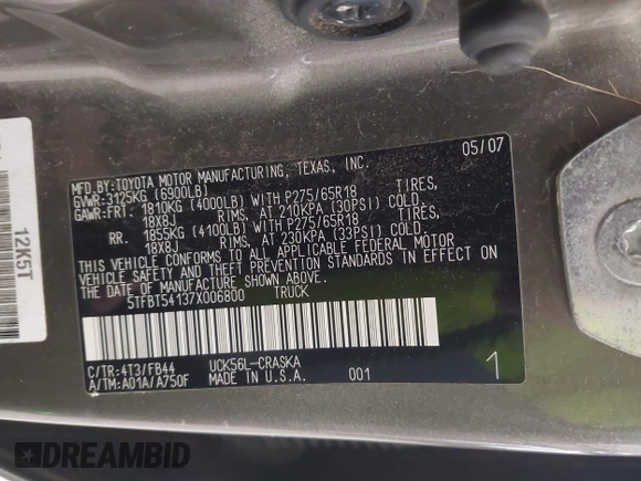 2007 Toyota Tundra SR5 with VIN 5TFBT54137X006800, listed as a IAAI auction lot 42061641 with 186,139 mi miles and . Bid and sale history available at DreamBid. Image 9.