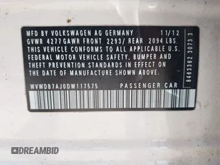 2013 Volkswagen Golf w/Conv & Sunroof z VIN WVWDB7AJ0DW117575, wystawiony jako IAAI lot #41785491 z przebiegiem 194 273 mil mil oraz . Historia ofert i sprzedaży dostępna na DreamBid. Obrazek 9.