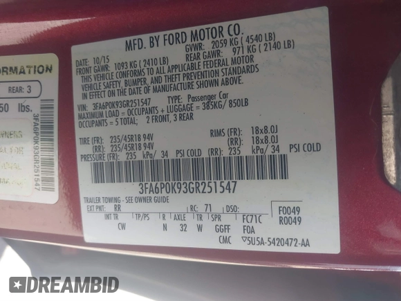 2016 Ford Fusion Titanium with VIN 3FA6P0K93GR251547, listed as a IAAI auction lot 41823007 with 127,796 mi miles and . Bid and sale history available at carsss.com. Image 9.