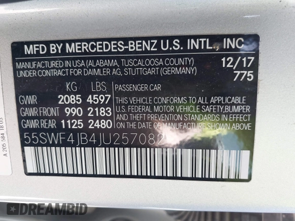2018 Mercedes-Benz C with VIN 55SWF4JB4JU257082, listed as a IAAI auction lot 41807042 with 90,197 mi miles. Bid and sale history available at carsss.com. Image 9.