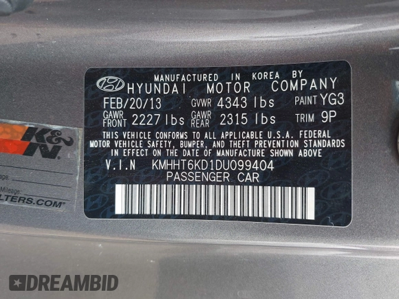 2013 Hyundai Genesis Coupe Premium with VIN KMHHT6KD1DU099404, listed as a IAAI auction lot 42379613 with 110,507 mi miles and . Bid and sale history available at DreamBid. Image 9.