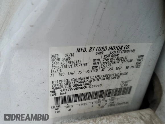 2016 Ford F-250 Lariat with VIN 1FT7W2B60GED37016, listed as a Copart auction lot 42134215 with Not Provided miles and Salvage Title. Bid and sale history available at DreamBid. Image 12.