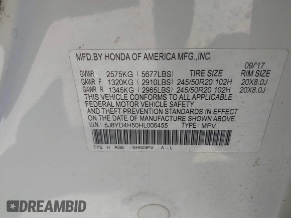 2017 Acura MDX Technology z VIN 5J8YD4H50HL006455, wystawiony jako IAAI lot #42165766 z przebiegiem 98 832 mil mil oraz . Historia ofert i sprzedaży dostępna na DreamBid. Obrazek 9.