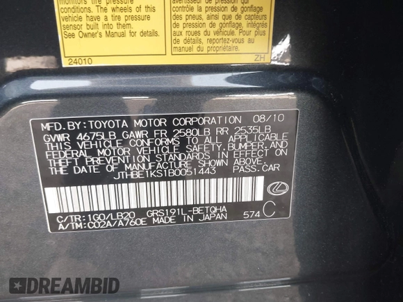 2011 Lexus GS 350 with VIN JTHBE1KS1B0051443, listed as a IAAI auction lot 42040944 with 126,521 mi miles and . Bid and sale history available at DreamBid. Image 9.
