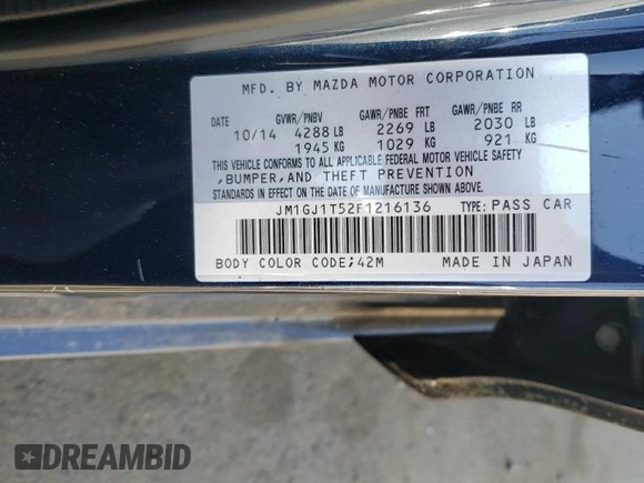 2015 Mazda 6 i Touring with VIN JM1GJ1T52F1216136, listed as a Copart auction lot 54016345 with 106,883 mi miles and Salvage Title. Bid and sale history available at carsss.com. Image 12.