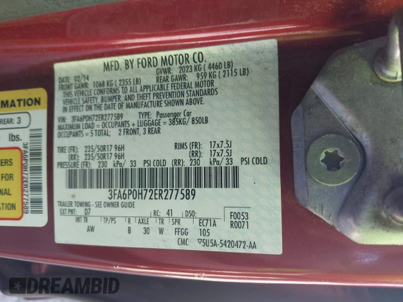 2014 Ford Fusion SE with VIN 3FA6P0H72ER277589, listed as a IAAI auction lot 42088477 with 152,820 mi miles. Bid and sale history available at carsss.com. Image 9.
