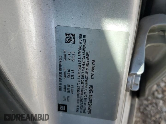 2016 Buick Verano Sport Touring with VIN 1G4PW5SK2G4185420, listed as a Copart auction lot 67332574 with 82,580 mi miles and Salvage Title. Bid and sale history available at DreamBid. Image 15.
