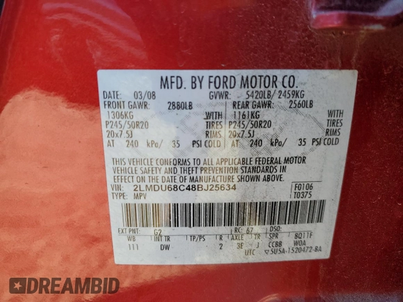2008 Lincoln MKX with VIN 2LMDU68C48BJ25634, listed as a Copart auction lot 46236605 with 128,766 mi miles and Salvage Title. Bid and sale history available at carsss.com. Image 15.