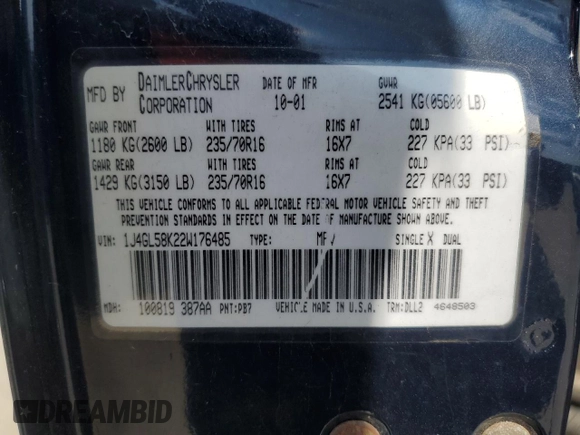 2002 Jeep Liberty Limited с VIN 1J4GL58K22W176485, выставлен на аукционе Copart как лот 57940135 с пробегом 141 974 миль миль и На запчасти • Non repairable. История ставок и продаж доступна на DreamBid. Изображение 13.