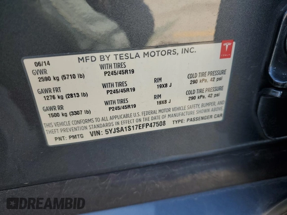 2014 Tesla Model S 60 with VIN 5YJSA1S17EFP47508, listed as a Copart auction lot 47589275 with 108,151 mi miles and Salvage Title. Bid and sale history available at DreamBid. Image 12.