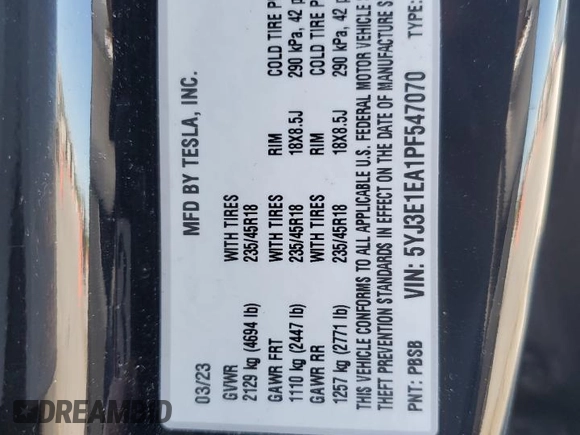 2023 Tesla Model 3 z VIN 5YJ3E1EA1PF547070, wystawiony jako Copart lot #55793205 z przebiegiem 38 591 mil mil oraz Szkoda całkowita • Salvage title. Historia ofert i sprzedaży dostępna na DreamBid. Obrazek 12.