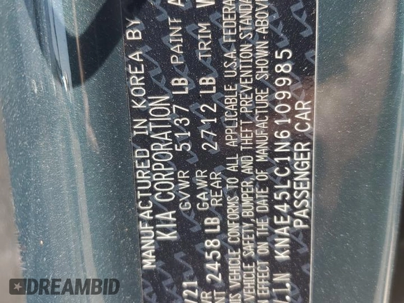 2022 Kia Stinger GT1 with VIN KNAE45LC1N6109985, listed as a Copart auction lot 48820235 with 42,012 mi miles and Salvage Title. Bid and sale history available at DreamBid. Image 13.