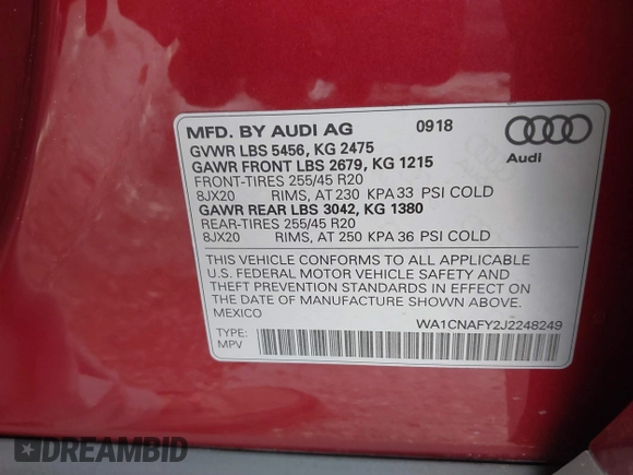 2018 Audi Q5 Prestige with VIN WA1CNAFY2J2248249, listed as a IAAI auction lot 41344379 with 38,401 mi miles. Bid and sale history available at carsss.com. Image 9.