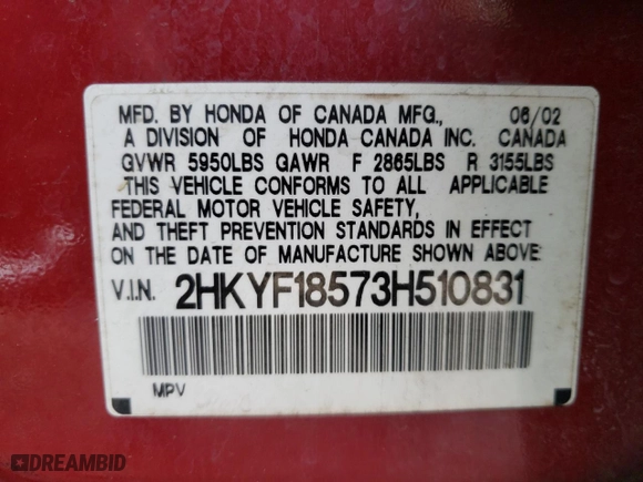 2003 Honda Pilot EX with VIN 2HKYF18573H510831, listed as a Copart auction lot 62717142 with 0 mi miles and Salvage Title. Bid and sale history available at carsss.com. Image 10.