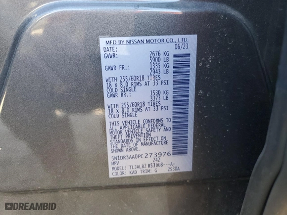 2023 Nissan Pathfinder S with VIN 5N1DR3AA0PC273976, listed as a Copart auction lot 46360355 with 48,280 mi miles and Salvage Title. Bid and sale history available at carsss.com. Image 13.