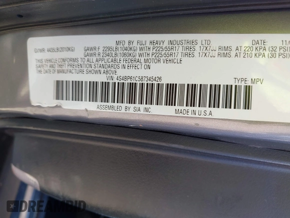 2008 Subaru Outback i with VIN 4S4BP61C587345426, listed as a IAAI auction lot 42752923 with 148,107 mi miles and . Bid and sale history available at DreamBid. Image 9.