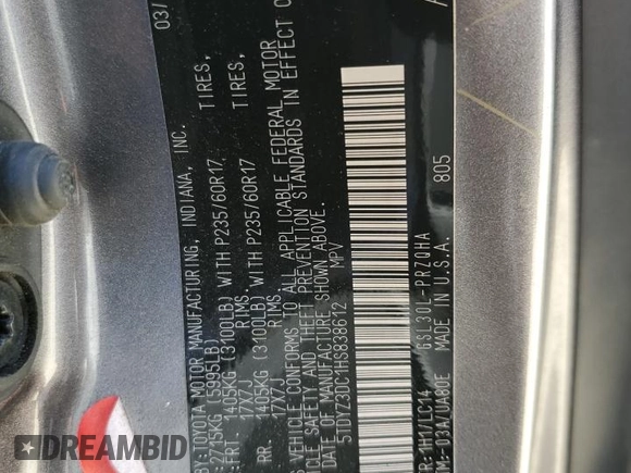 2017 Toyota Sienna XLE Auto Access Seat with VIN 5TDYZ3DC1HS838612, listed as a Copart auction lot 61286525 with 269,050 mi miles and Clean title. Bid and sale history available at DreamBid. Image 13.