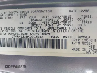 1989 Toyota Pickup с VIN JT4RN13S9K0003042, выставлен на аукционе IAAI как лот 41827042 с пробегом 347 063 миль миль и . История ставок и продаж доступна на DreamBid. Изображение 9.