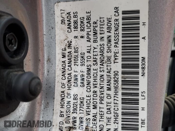 2017 Honda Civic Sedan EX-L with VIN 2HGFC1F77HH658290, listed as a Copart auction lot 47558385 with 97,725 mi miles and Salvage Title. Bid and sale history available at carsss.com. Image 12.