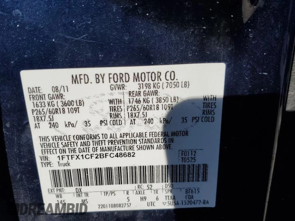 2011 Ford F-150 XL with VIN 1FTFX1CF2BFC48682, listed as a Copart auction lot 87861475 with 152,509 mi miles and Salvage Title. Bid and sale history available at carsss.com. Image 12.