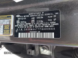2015 Kia Optima LX with VIN 5XXGM4A77FG403664, listed as a IAAI auction lot 42471658 with 76,352 mi miles and . Bid and sale history available at DreamBid. Image 9.