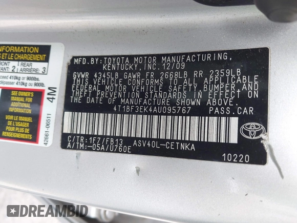 2010 Toyota Camry with VIN 4T1BF3EK4AU095767, listed as a IAAI auction lot 42163707 with 121,253 mi miles and . Bid and sale history available at DreamBid. Image 9.