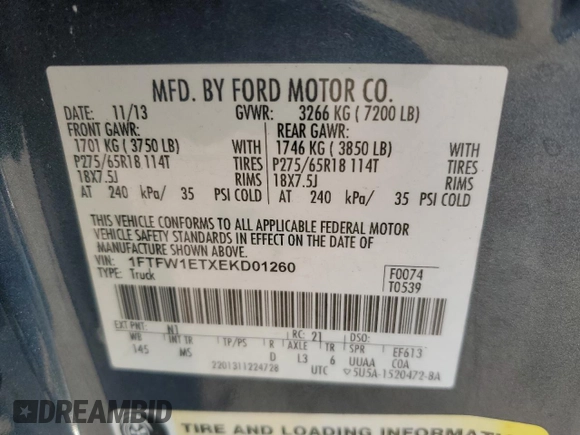2014 Ford F-150 XL with VIN 1FTFW1ETXEKD01260, listed as a Copart auction lot 55203685 with 153,410 mi miles and Salvage title. Bid and sale history available at DreamBid. Image 12.