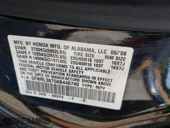 2006 Honda Odyssey EX-L with VIN 5FNRL38756B446740, listed as a IAAI auction lot 42114566 with 224,615 mi miles. Bid and sale history available at carsss.com. Image 9.