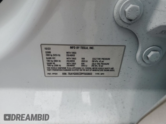 2023 Tesla Model Y Long Range with VIN 7SAYGDEE3PF583883, listed as a Copart auction lot 50920145 with 72,155 mi miles and Salvage Title. Bid and sale history available at DreamBid. Image 15.