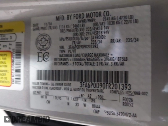 2015 Ford Fusion Titanium with VIN 3FA6P0D90FR201393, listed as a IAAI auction lot 40975015 with 131,641 mi miles. Bid and sale history available at carsss.com. Image 9.