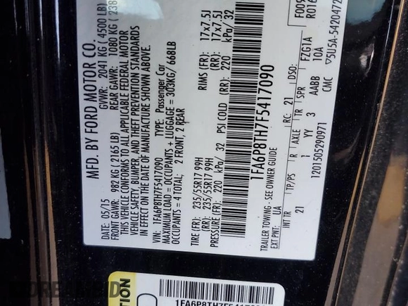 2015 Ford Mustang EcoBoost with VIN 1FA6P8TH7F5417090, listed as a Copart auction lot 55311995 with 88,086 mi miles and Clean Title. Bid and sale history available at DreamBid. Image 12.