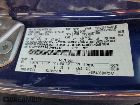 2016 Ford Escape S with VIN 1FMCU0F73GUA68247, listed as a Copart auction lot 51183525 with 88,936 mi miles and Salvage Title. Bid and sale history available at carsss.com. Image 13.