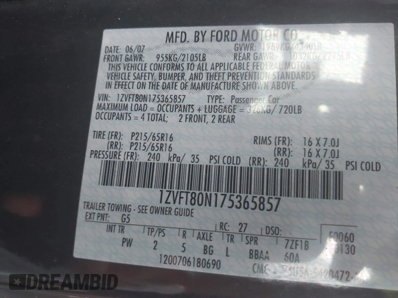 2007 Ford Mustang Deluxe with VIN 1ZVFT80N175365857, listed as a IAAI auction lot 42512673 with 136,145 mi miles and . Bid and sale history available at DreamBid. Image 9.