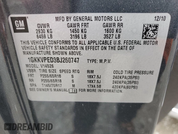 2011 GMC Acadia SLE with VIN 1GKKVPED3BJ260747, listed as a Copart auction lot 48596095 with 186,423 mi miles and Clean Title. Bid and sale history available at carsss.com. Image 13.