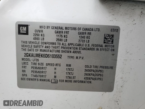 2013 GMC Terrain SLE with VIN 2GKALMEK6D6103552, listed as a Copart auction lot 58158745 with 189,869 mi miles and Salvage title. Bid and sale history available at DreamBid. Image 13.
