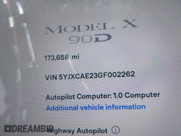 2016 Tesla Model X 70D with VIN 5YJXCAE23GF002262, listed as a IAAI auction lot 41839084 with 173,658 mi miles. Bid and sale history available at carsss.com. Image 7.