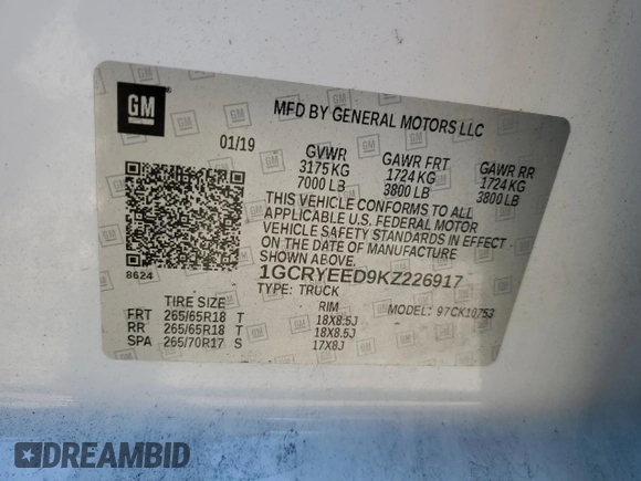 2019 Chevrolet Silverado 1500 RST with VIN 1GCRYEED9KZ226917, listed as a Copart auction lot 43112855 with 133,005 mi miles and Salvage Title. Bid and sale history available at DreamBid. Image 12.