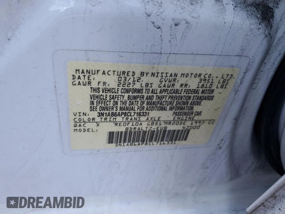 2012 Nissan Sentra SR with VIN 3N1AB6AP8CL716331, listed as a Copart auction lot 46453625 with 61,976 mi miles and Salvage Title. Bid and sale history available at DreamBid. Image 12.