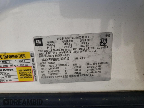 2013 GMC Acadia SLE with VIN 1GKKRNED7DJ139912, listed as a Copart auction lot 53814395 with 193,419 mi miles and Clean Title. Bid and sale history available at carsss.com. Image 13.