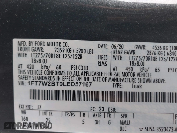 2020 Ford F-250 XL with VIN 1FT7W2BT0LED57167, listed as a IAAI auction lot 41233813 with 62,407 mi miles and . Bid and sale history available at DreamBid. Image 9.