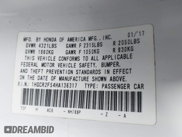 2017 Honda Accord Sport with VIN 1HGCR2F54HA136317, listed as a IAAI auction lot 42091828 with 146,628 mi miles and . Bid and sale history available at carsss.com. Image 9.