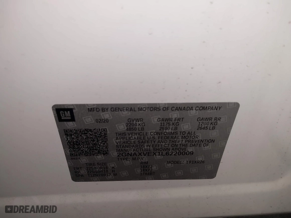 2020 Chevrolet Equinox LT with VIN 2GNAXVEX1L6220009, listed as a IAAI auction lot 41647476 with 161,913 mi miles. Bid and sale history available at carsss.com. Image 9.