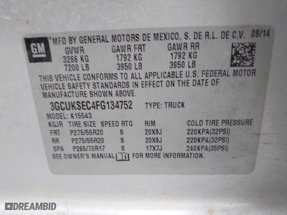 2015 Chevrolet Silverado 1500 LTZ with VIN 3GCUKSEC4FG134752, listed as a IAAI auction lot 41188074 with 154,939 mi miles. Bid and sale history available at carsss.com. Image 9.