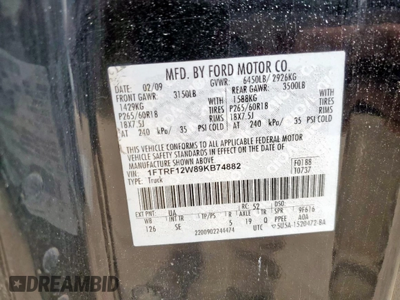 2009 Ford F-150 XL with VIN 1FTRF12W89KB74882, listed as a Copart auction lot 60924495 with 401,265 mi miles and Salvage title. Bid and sale history available at DreamBid. Image 12.