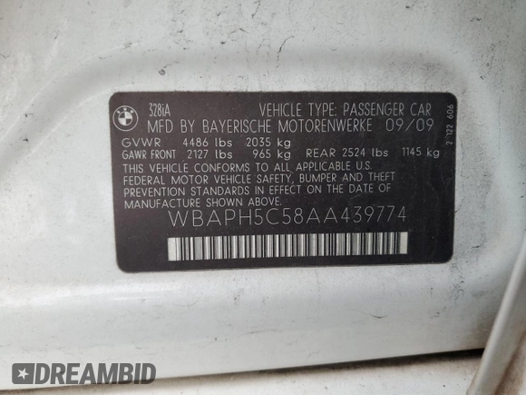 2010 BMW 3 Series 328i with VIN WBAPH5C58AA439774, listed as a Copart auction lot 84216534 with 146,432 mi miles and Salvage title. Bid and sale history available at DreamBid. Image 13.