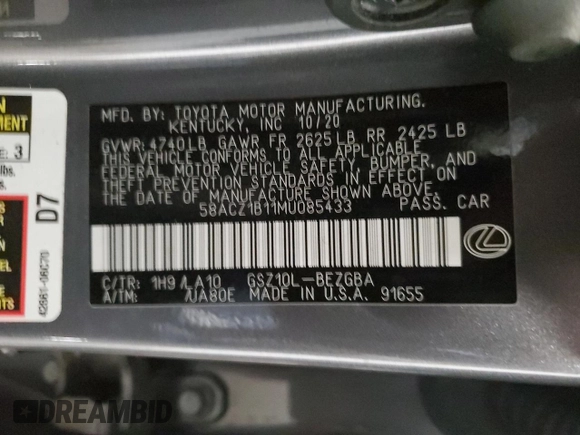 2021 Lexus ES with VIN 58ACZ1B11MU085433, listed as a Copart auction lot 46726175 with 40,103 mi miles and Salvage Title. Bid and sale history available at carsss.com. Image 13.