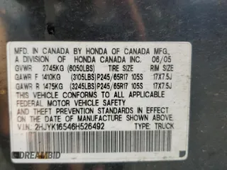 2006 Honda Ridgeline RTL with VIN 2HJYK16546H526492, listed as a Copart auction lot 49351695 with 193,622 mi miles and Salvage Title. Bid and sale history available at DreamBid. Image 14.