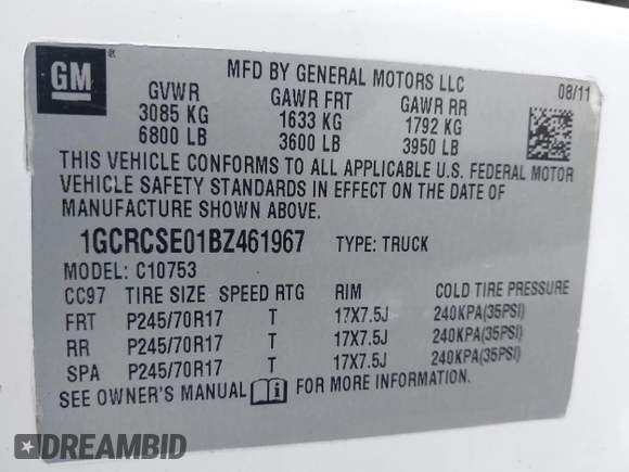2011 Chevrolet Silverado 1500 LT with VIN 1GCRCSE01BZ461967, listed as a IAAI auction lot 42014470 with 122,903 mi miles and . Bid and sale history available at DreamBid. Image 9.