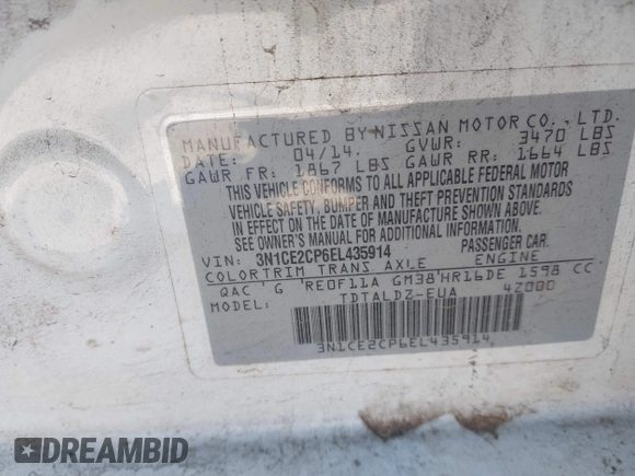 2014 Nissan Note S Plus with VIN 3N1CE2CP6EL435914, listed as a IAAI auction lot 42431462 with 110,063 mi miles and . Bid and sale history available at DreamBid. Image 9.