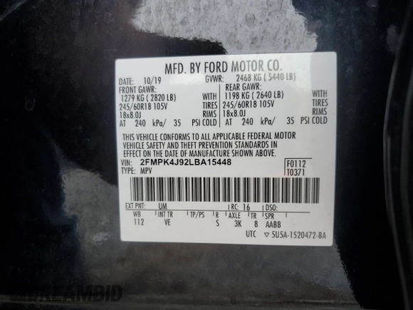 2020 Ford Edge SEL with VIN 2FMPK4J92LBA15448, listed as a Copart auction lot 64000535 with 159,571 mi miles and Salvage title. Bid and sale history available at DreamBid. Image 13.